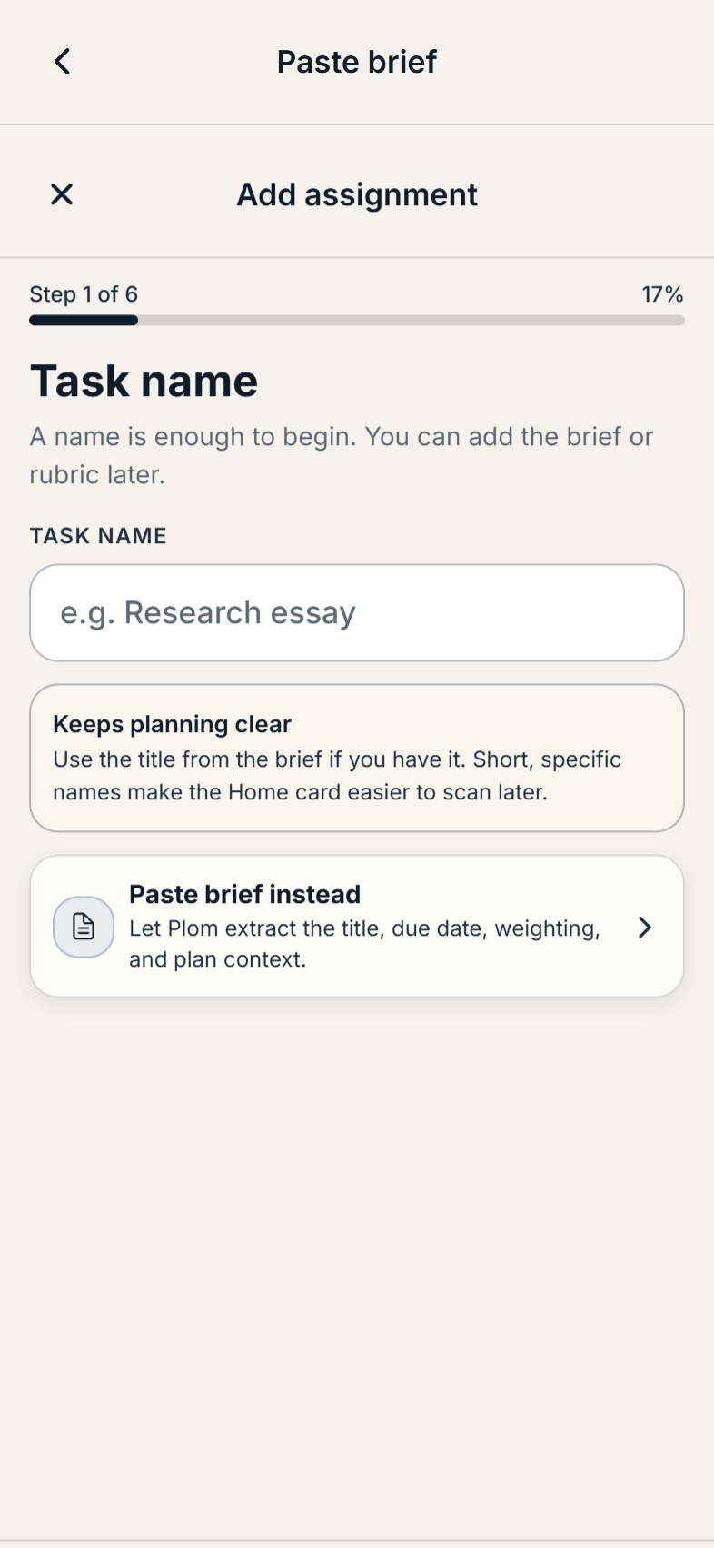 Plom assignment flow showing academic material attached to a task