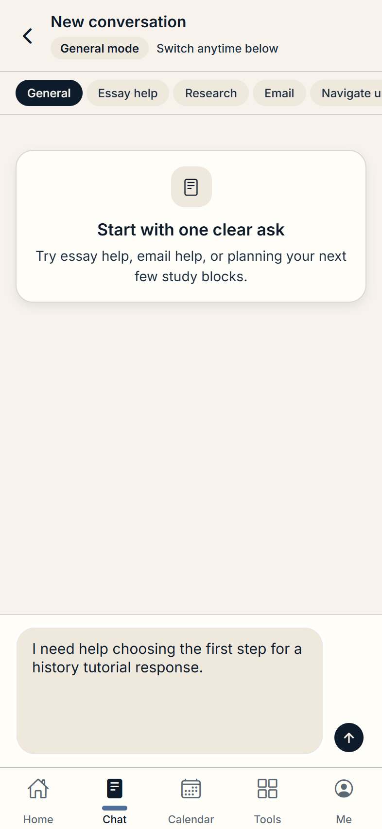 Plom chat view with study support modes and input