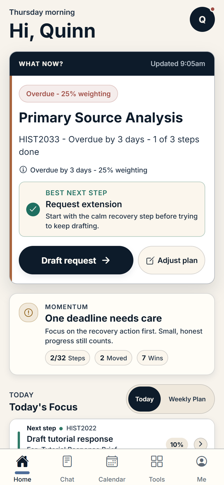 Plom home screen showing assignments, due dates, and a recommended next step
