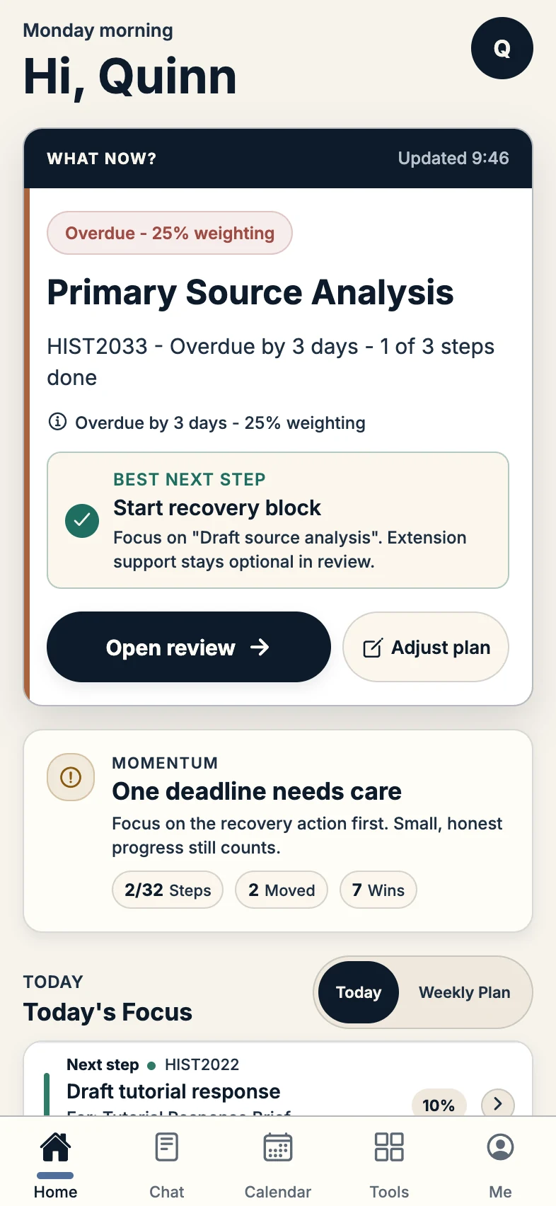 Home shows Primary Source Analysis, one of three steps complete, and a suggested recovery block.